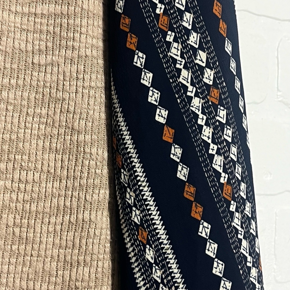 THML Womens Sweater Tan Navy Blie Orange Mixed Print Balloon Sleeve Large - Picture 3 of 7